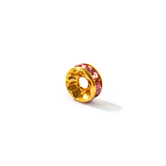 Picture of 20 PCs Eco-friendly 304 Stainless Steel Birthstone Rondelle Beads Wholesale 18K Gold Plated October Pink Rhinestone 8mm Dia., Hole: Approx 2.2mm