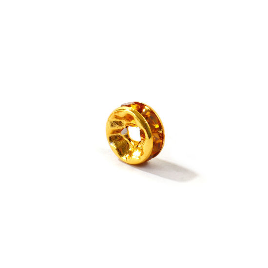 Picture of 20 PCs Eco-friendly 304 Stainless Steel Birthstone Rondelle Beads Wholesale 18K Gold Plated November Yellow Rhinestone 8mm Dia., Hole: Approx 2.2mm