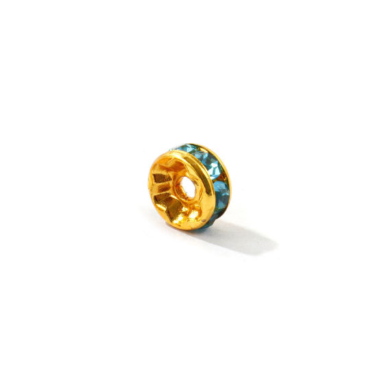 Picture of 20 PCs Eco-friendly 304 Stainless Steel Birthstone Rondelle Beads Wholesale 18K Gold Plated December Lake Blue Rhinestone 8mm Dia., Hole: Approx 2.2mm