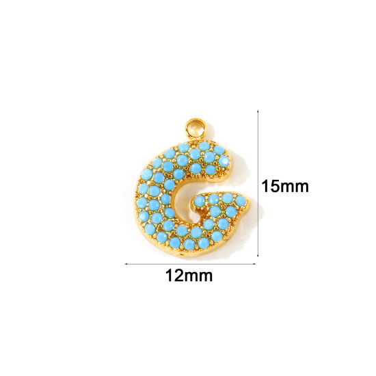 2 個 エコフレンドリー PVD 防水 耐変色性の 低アレルギー性の 304ステンレス鋼 キャピタルレター チャーム 卸売り 18Kリアルゴールドメッキ 文字「 G 」 マイクロパヴェ ブルー ジルコン 15mm x 12mm、 の画像