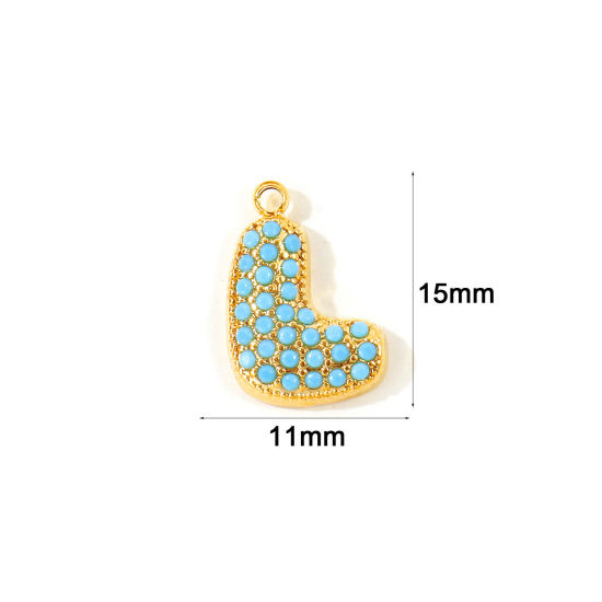 2 個 エコフレンドリー PVD 防水 耐変色性の 低アレルギー性の 304ステンレス鋼 キャピタルレター チャーム 卸売り 18Kリアルゴールドメッキ 文字「 L 」 マイクロパヴェ ブルー ジルコン 15mm x 11mm、 の画像