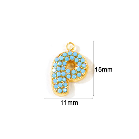 2 個 エコフレンドリー PVD 防水 耐変色性の 低アレルギー性の 304ステンレス鋼 キャピタルレター チャーム 卸売り 18Kリアルゴールドメッキ 文字「 P 」 マイクロパヴェ ブルー ジルコン 15mm x 11mm、 の画像