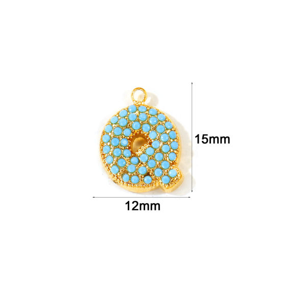 2 個 エコフレンドリー PVD 防水 耐変色性の 低アレルギー性の 304ステンレス鋼 キャピタルレター チャーム 卸売り 18Kリアルゴールドメッキ 文字「 Q 」 マイクロパヴェ ブルー ジルコン 15mm x 12mm、 の画像
