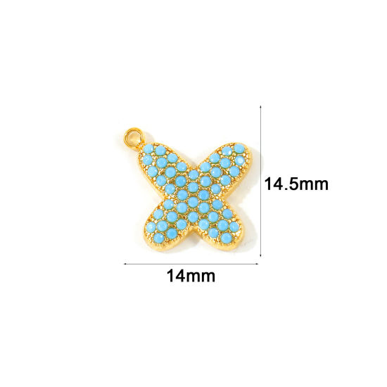 2 個 エコフレンドリー PVD 防水 耐変色性の 低アレルギー性の 304ステンレス鋼 キャピタルレター チャーム 卸売り 18Kリアルゴールドメッキ 文字「 X 」 マイクロパヴェ ブルー ジルコン 14.5mm x 14mm、 の画像