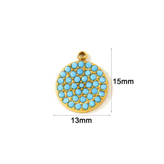 2 個 エコフレンドリー PVD 防水 耐変色性の 低アレルギー性の 304ステンレス鋼 ジオメトリック 幾何学 チャーム 卸売り 18Kリアルゴールドメッキ 円形 ディスク マイクロパヴェ ブルー ジルコン 15mm x 13mm、 の画像
