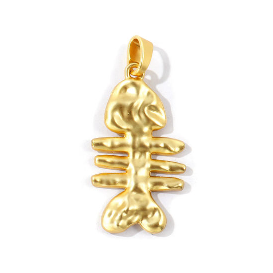 Picture of 1 Piece Zinc Based Alloy Ocean Jewelry Pendants Wholesale Matt Gold Fish Bone Hammered 7.7cm x 3.6cm