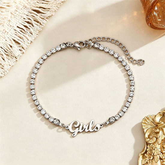 Picture of 1 Piece Eco-friendly 304 Stainless Steel Customized Name Personalized Letter Charm Pendant Tennis Bracelet Silver Tone Clear Rhinestone