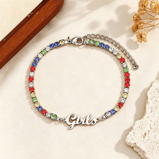 Picture of 1 Piece Eco-friendly 304 Stainless Steel Customized Name Personalized Letter Charm Pendant Tennis Bracelet Silver Tone Multicolor Rhinestone