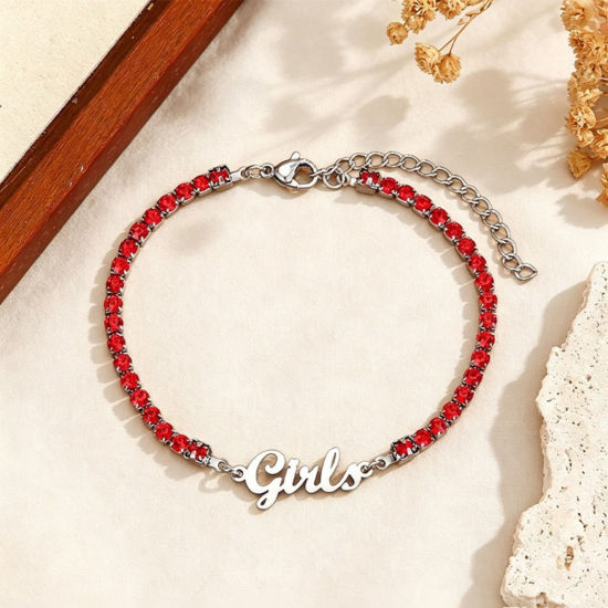 Picture of 1 Piece Eco-friendly 304 Stainless Steel Customized Name Personalized Letter Charm Pendant Tennis Bracelet Silver Tone Red Rhinestone