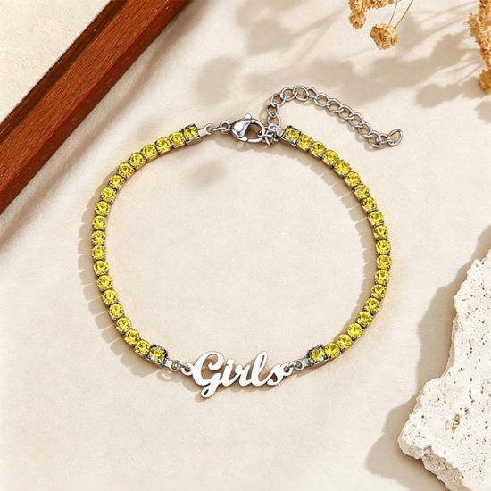 Picture of 1 Piece Eco-friendly 304 Stainless Steel Customized Name Personalized Letter Charm Pendant Tennis Bracelet Silver Tone Yellow Rhinestone