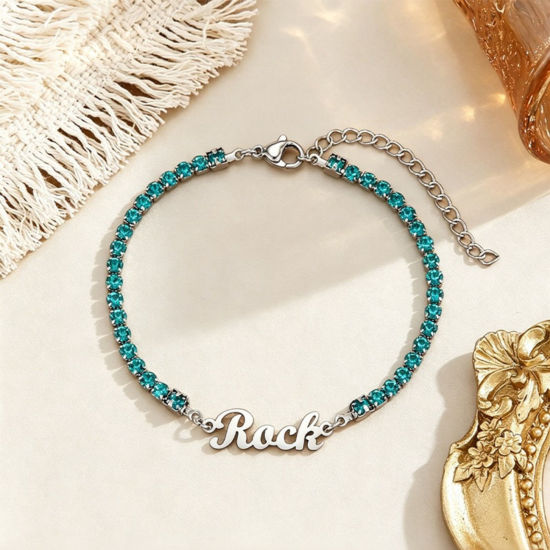 Picture of 1 Piece Eco-friendly 304 Stainless Steel Customized Name Personalized Letter Charm Pendant Tennis Bracelet Silver Tone Green Blue Rhinestone