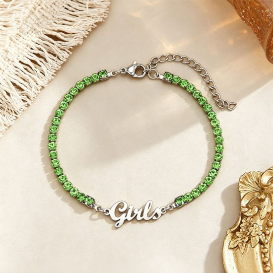 Picture of 1 Piece Eco-friendly 304 Stainless Steel Customized Name Personalized Letter Charm Pendant Tennis Bracelet Silver Tone Green Rhinestone