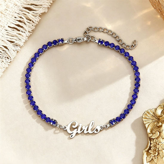 Picture of 1 Piece Eco-friendly 304 Stainless Steel Customized Name Personalized Letter Charm Pendant Tennis Bracelet Silver Tone Dark Blue Rhinestone