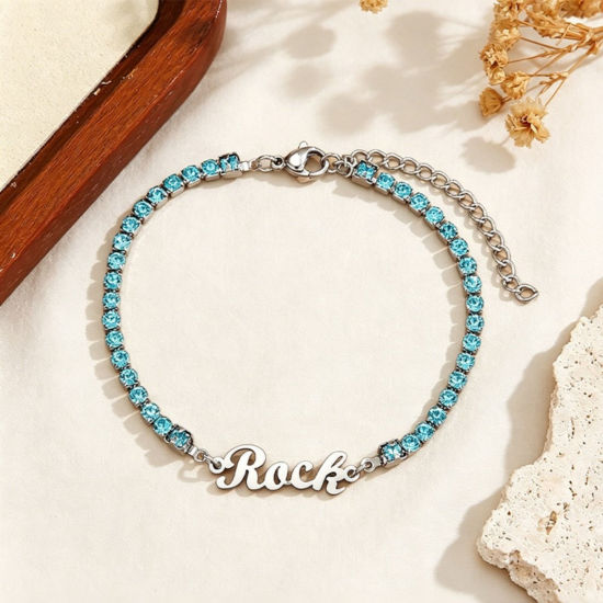 Picture of 1 Piece Eco-friendly 304 Stainless Steel Customized Name Personalized Letter Charm Pendant Tennis Bracelet Silver Tone Light Blue Rhinestone