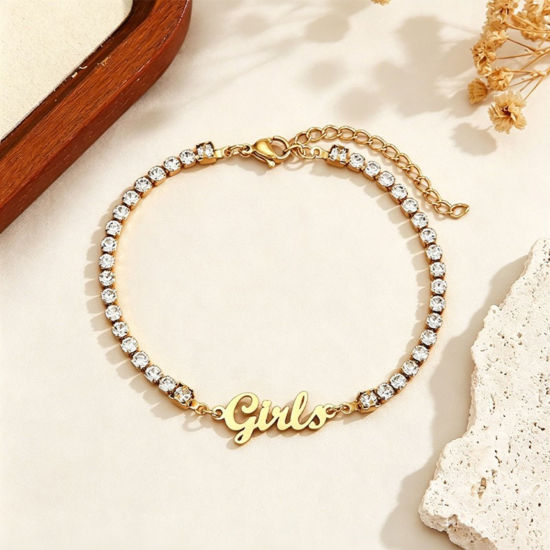 Picture of 1 Piece Eco-friendly 304 Stainless Steel Customized Name Personalized Letter Charm Pendant Tennis Bracelet 18K Gold Plated Clear Rhinestone