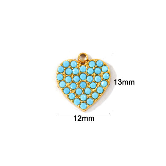 2 個 エコフレンドリー PVD 防水 耐変色性の 低アレルギー性の 304ステンレス鋼 バレンタイン・デー チャーム 卸売り 18Kリアルゴールドメッキ ハート ブルー ジルコン 13mm x 12mm、 の画像