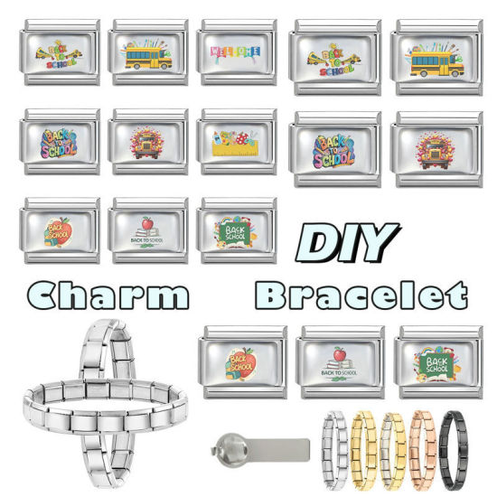 Picture of 1 Piece 304 Stainless Steel Back To School Italian Charm Links For DIY Modular Bracelet Watch Jewelry Making, School Bus Multicolor Silver Tone - Wholesale, 10mm x 9mm
