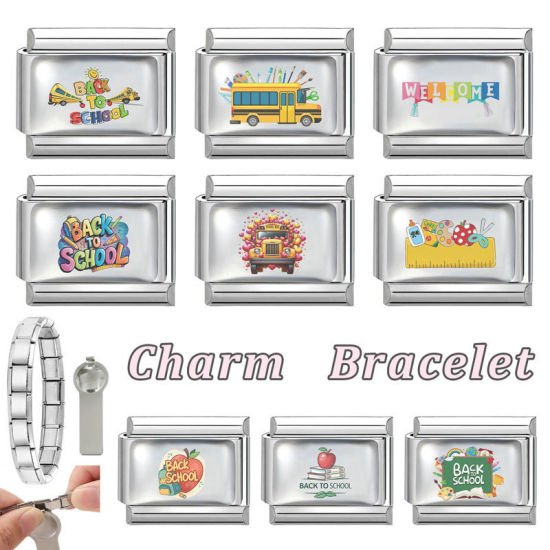 Picture of 1 Piece 304 Stainless Steel Back To School Italian Charm Links For DIY Modular Bracelet Watch Jewelry Making, School Bus Multicolor Silver Tone - Wholesale, 10mm x 9mm