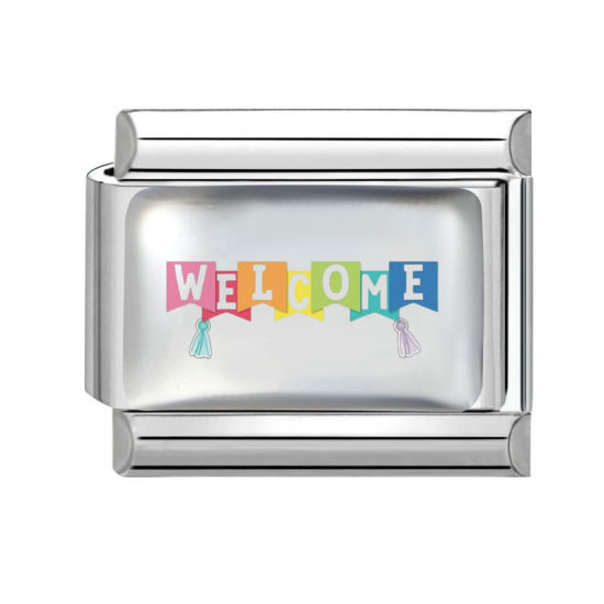 Picture of 1 Piece 304 Stainless Steel Back To School Italian Charm Links For DIY Modular Bracelet Watch Jewelry Making, Message " WELCOME " Multicolor Silver Tone - Wholesale, 10mm x 9mm