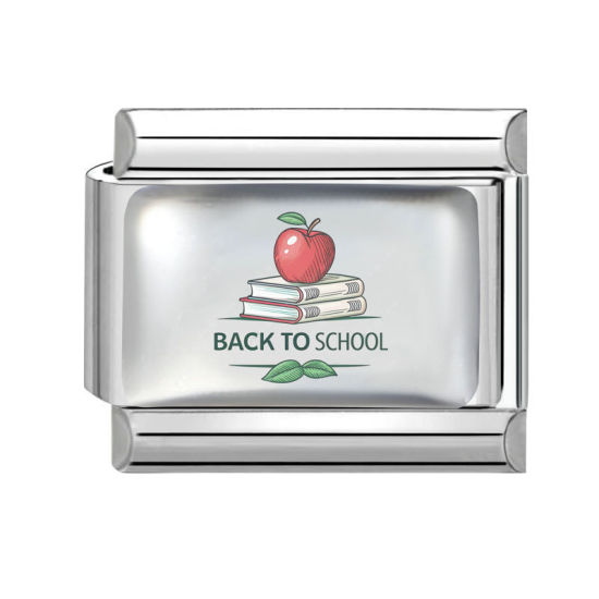 Picture of 1 Piece 304 Stainless Steel Back To School Italian Charm Links For DIY Modular Bracelet Watch Jewelry Making, Apple Fruit Book Orange Silver Tone - Wholesale, 10mm x 9mm