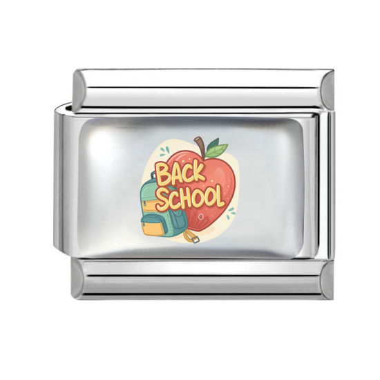 Picture of 1 Piece 304 Stainless Steel Back To School Italian Charm Links For DIY Modular Bracelet Watch Jewelry Making, Apple Fruit Schoolbag Orange Silver Tone - Wholesale, 10mm x 9mm