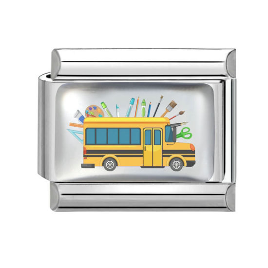 Picture of 1 Piece 304 Stainless Steel Back To School Italian Charm Links For DIY Modular Bracelet Watch Jewelry Making, School Bus Yellow Silver Tone - Wholesale, 10mm x 9mm