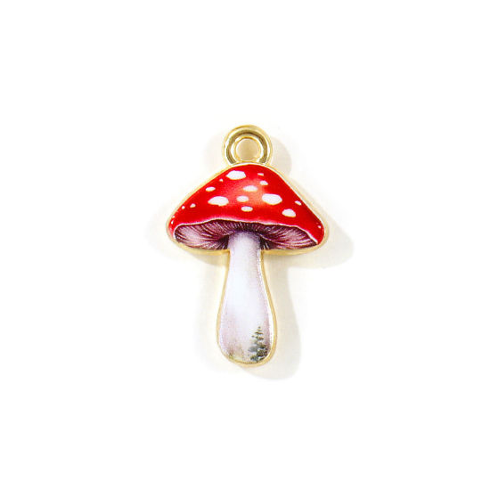 Picture of 5 PCs Zinc Based Alloy Charms Wholesale Gold Plated Red Mushroom Double Sided Printed 21mm x 14mm