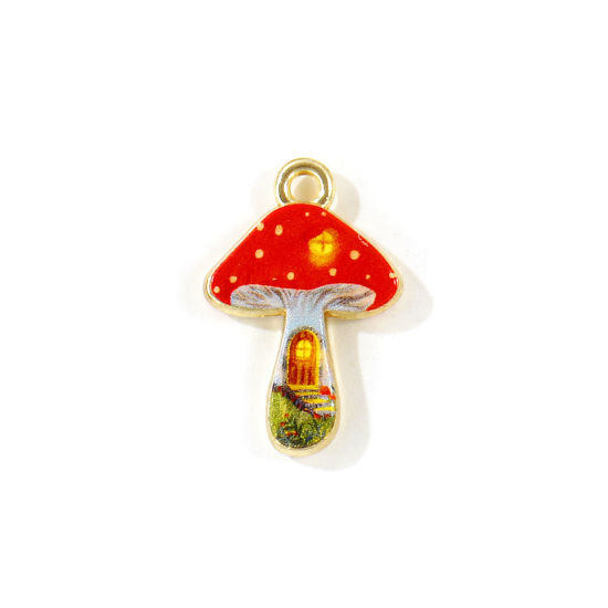 Picture of 5 PCs Zinc Based Alloy Charms Wholesale Gold Plated Red Mushroom Double Sided Printed 21mm x 14mm