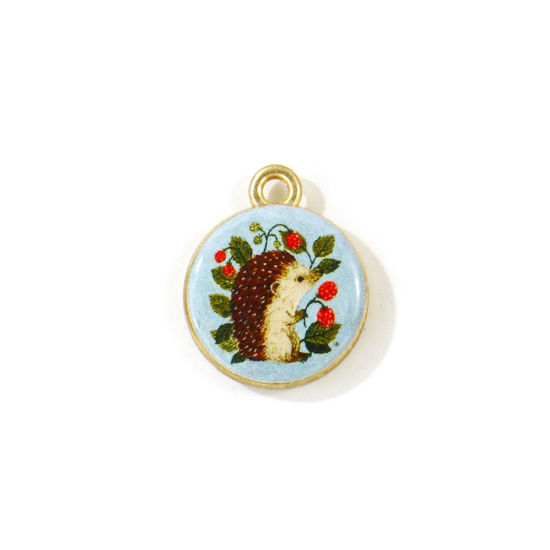Picture of 5 PCs Zinc Based Alloy Charms Wholesale Gold Plated Multicolor Round Hedgehog Double Sided Printed 18mm x 15mm