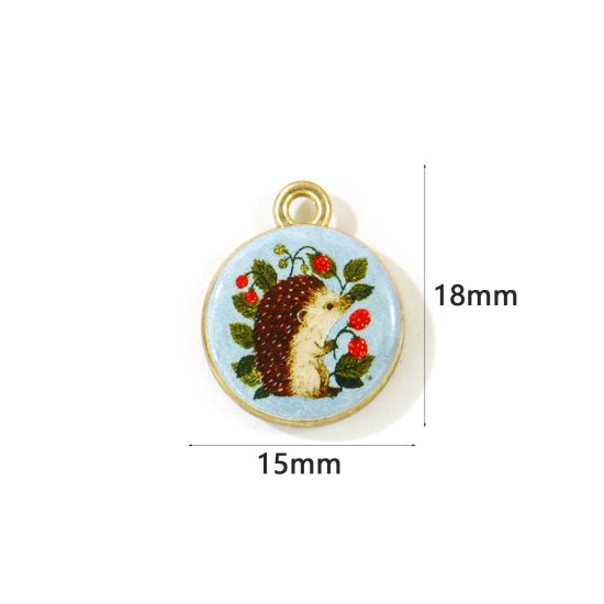 Picture of 5 PCs Zinc Based Alloy Charms Wholesale Gold Plated Multicolor Round Hedgehog Double Sided Printed 18mm x 15mm