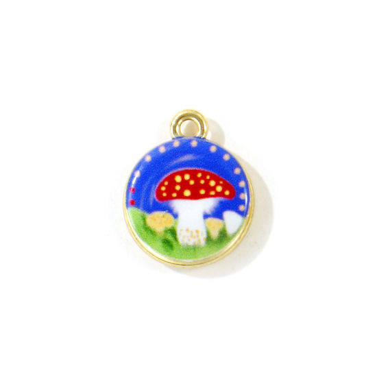 Picture of 5 PCs Zinc Based Alloy Charms Wholesale Gold Plated Red Round Mushroom Double Sided Printed 18mm x 15mm