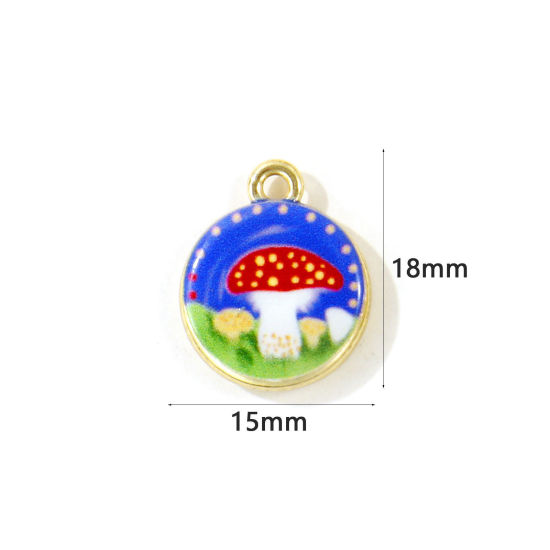 Picture of 5 PCs Zinc Based Alloy Charms Wholesale Gold Plated Red Round Mushroom Double Sided Printed 18mm x 15mm