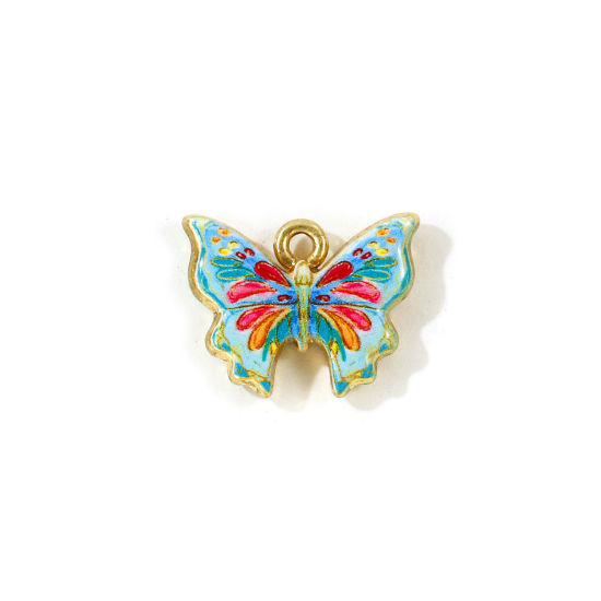 Picture of 5 PCs Zinc Based Alloy Insect Charms Wholesale Gold Plated Multicolor Butterfly Animal Double Sided Printed 19mm x 15mm