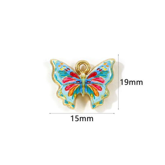 Picture of 5 PCs Zinc Based Alloy Insect Charms Wholesale Gold Plated Multicolor Butterfly Animal Double Sided Printed 19mm x 15mm