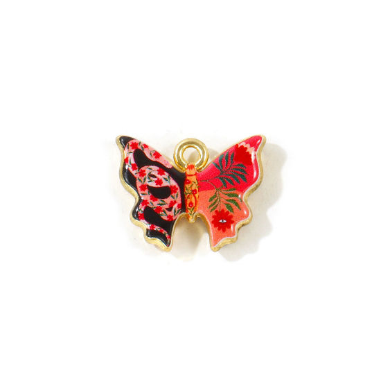 Picture of 5 PCs Zinc Based Alloy Insect Charms Wholesale Gold Plated Brown Butterfly Animal Double Sided Printed 19mm x 15mm