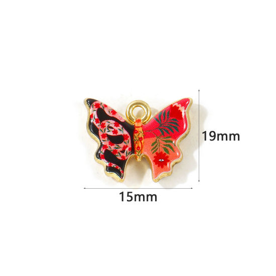 Picture of 5 PCs Zinc Based Alloy Insect Charms Wholesale Gold Plated Brown Butterfly Animal Double Sided Printed 19mm x 15mm