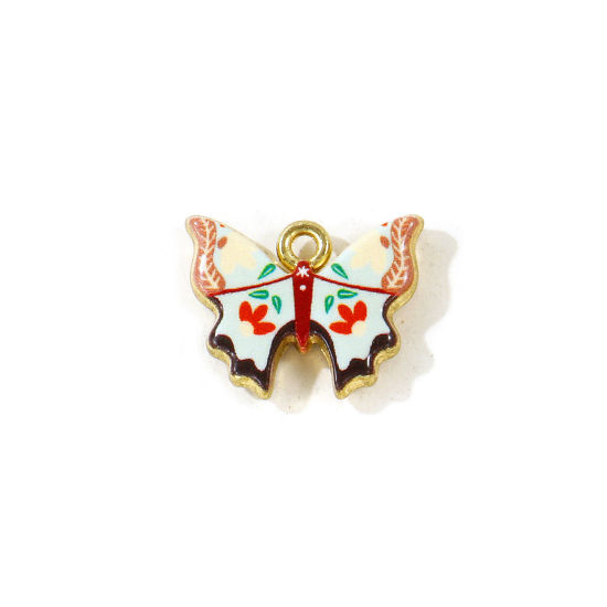 Picture of 5 PCs Zinc Based Alloy Insect Charms Wholesale Gold Plated Black Butterfly Animal Double Sided Printed 19mm x 15mm