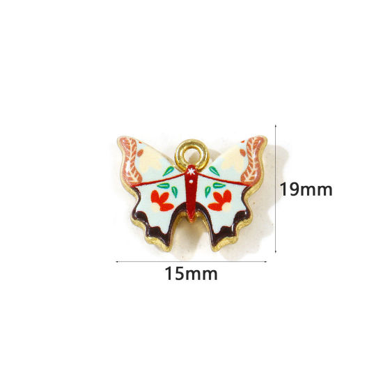 Picture of 5 PCs Zinc Based Alloy Insect Charms Wholesale Gold Plated Black Butterfly Animal Double Sided Printed 19mm x 15mm