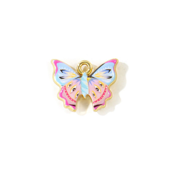 Picture of 5 PCs Zinc Based Alloy Insect Charms Wholesale Gold Plated Pink Butterfly Animal Double Sided Printed 19mm x 15mm