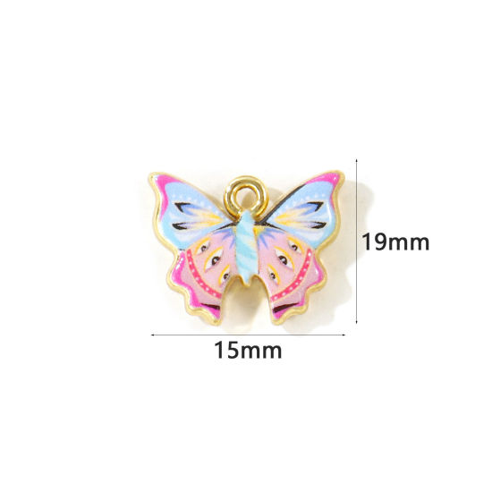 Picture of 5 PCs Zinc Based Alloy Insect Charms Wholesale Gold Plated Pink Butterfly Animal Double Sided Printed 19mm x 15mm