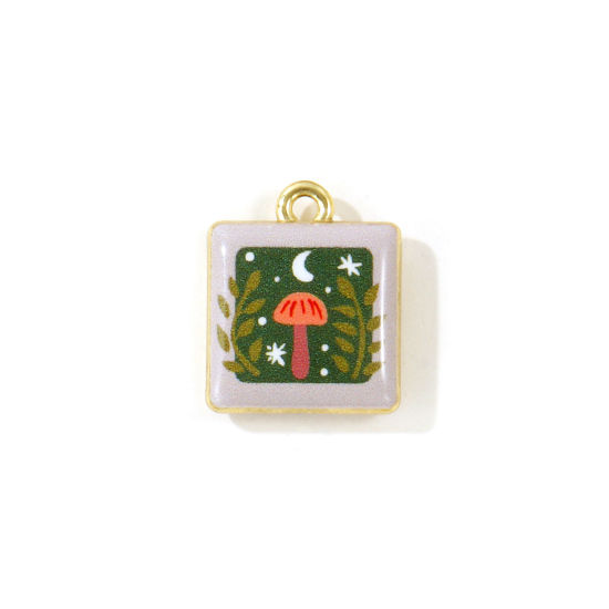 Picture of 5 PCs Zinc Based Alloy Charms Wholesale Gold Plated Green Square Mushroom Double Sided Printed 18mm x 15mm