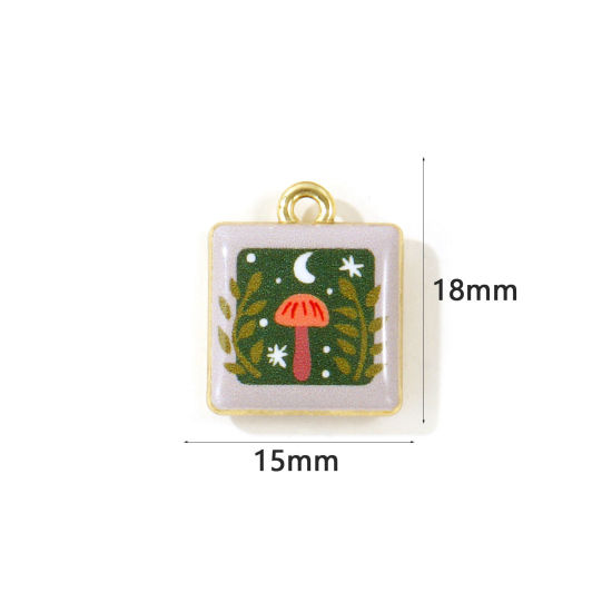 Picture of 5 PCs Zinc Based Alloy Charms Wholesale Gold Plated Green Square Mushroom Double Sided Printed 18mm x 15mm