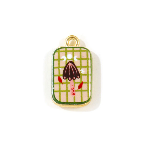 Picture of 5 PCs Zinc Based Alloy Charms Wholesale Gold Plated Beige Rectangle Mushroom Double Sided Printed 21mm x 12mm