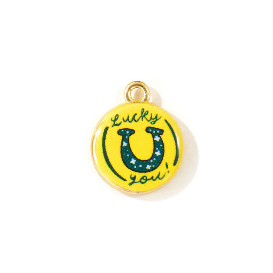 Picture of 5 PCs Zinc Based Alloy West Cowboy Charms Wholesale Gold Plated Yellow Round Horseshoe Double Sided Printed 18mm x 15mm