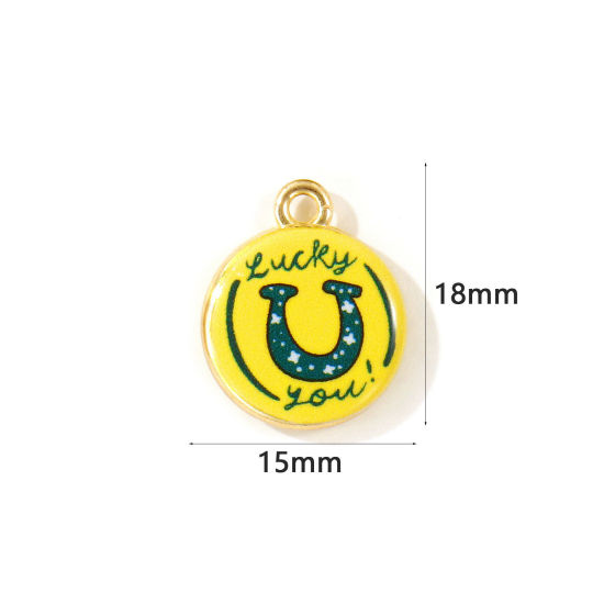 Picture of 5 PCs Zinc Based Alloy West Cowboy Charms Wholesale Gold Plated Yellow Round Horseshoe Double Sided Printed 18mm x 15mm