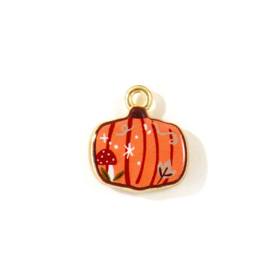 Picture of 5 PCs Zinc Based Alloy Charms Wholesale Gold Plated Orange Pumpkin Double Sided Printed 16mm x 15mm