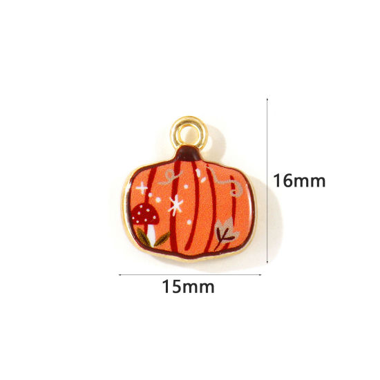 Picture of 5 PCs Zinc Based Alloy Charms Wholesale Gold Plated Orange Pumpkin Double Sided Printed 16mm x 15mm