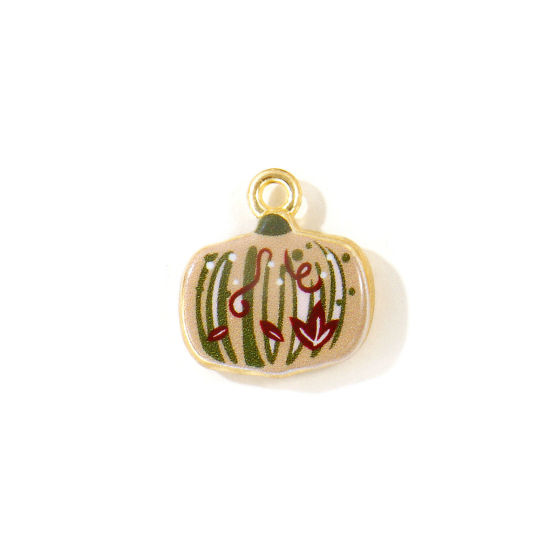 Picture of 5 PCs Zinc Based Alloy Charms Wholesale Gold Plated Khaki Pumpkin Double Sided Printed 16mm x 15mm
