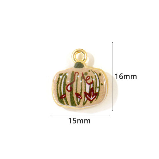 Picture of 5 PCs Zinc Based Alloy Charms Wholesale Gold Plated Khaki Pumpkin Double Sided Printed 16mm x 15mm