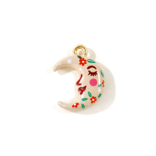 Picture of 5 PCs Zinc Based Alloy Galaxy Charms Wholesale Gold Plated Beige Half Moon Double Sided Printed 19mm x 14mm